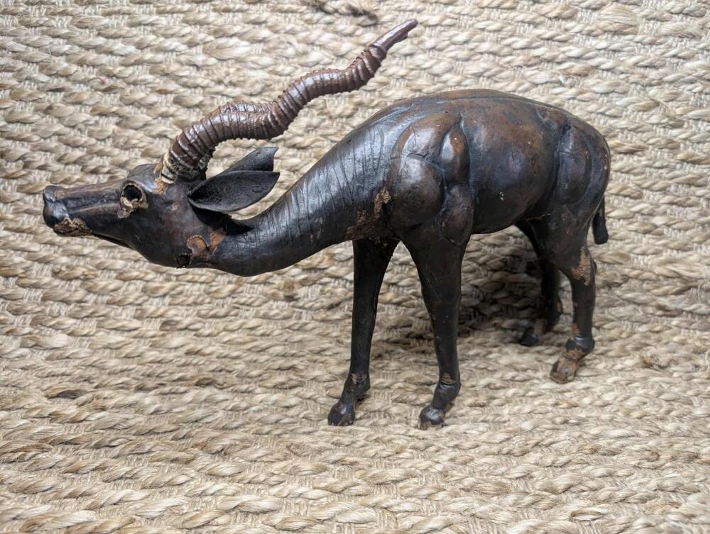 Vintage Brown Leather Antelope Figure Unique Wild African Home Office Decor 15"
